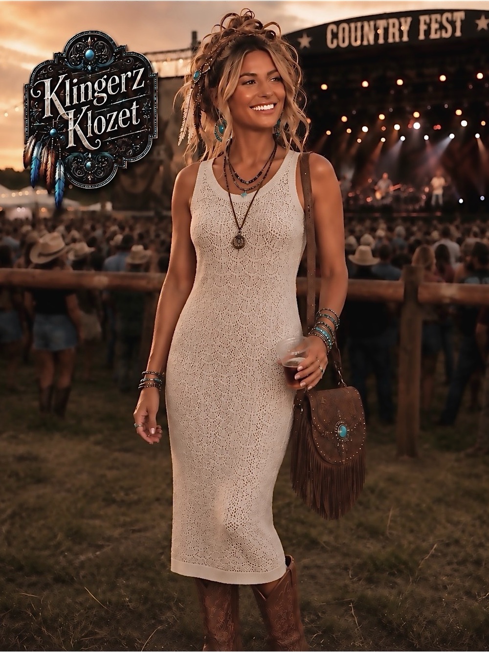 Beige Crochet Midi Dress - Women's Sleeveless Knit Dress NWT